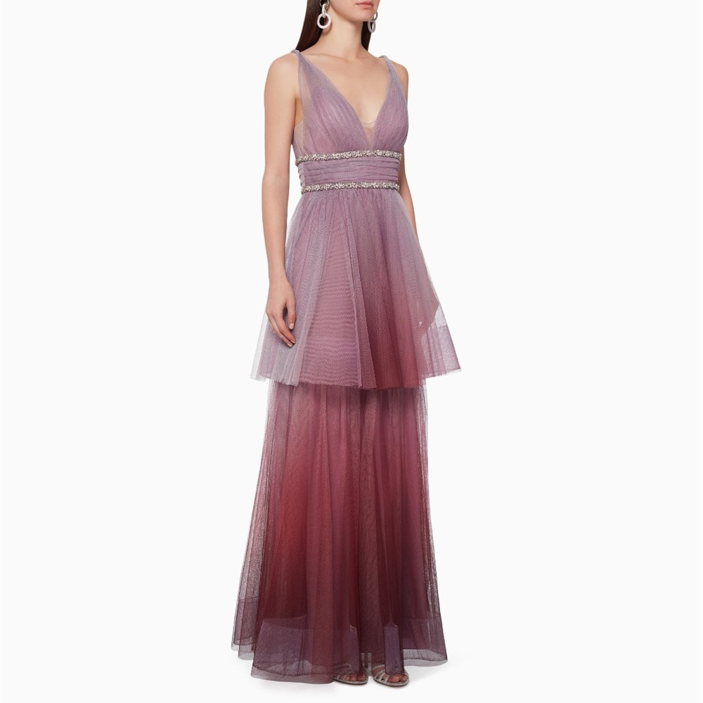 Marchesa Notte Weaver Ombré Tulle Tiered Gown (Sz 10) Purple Burgundy